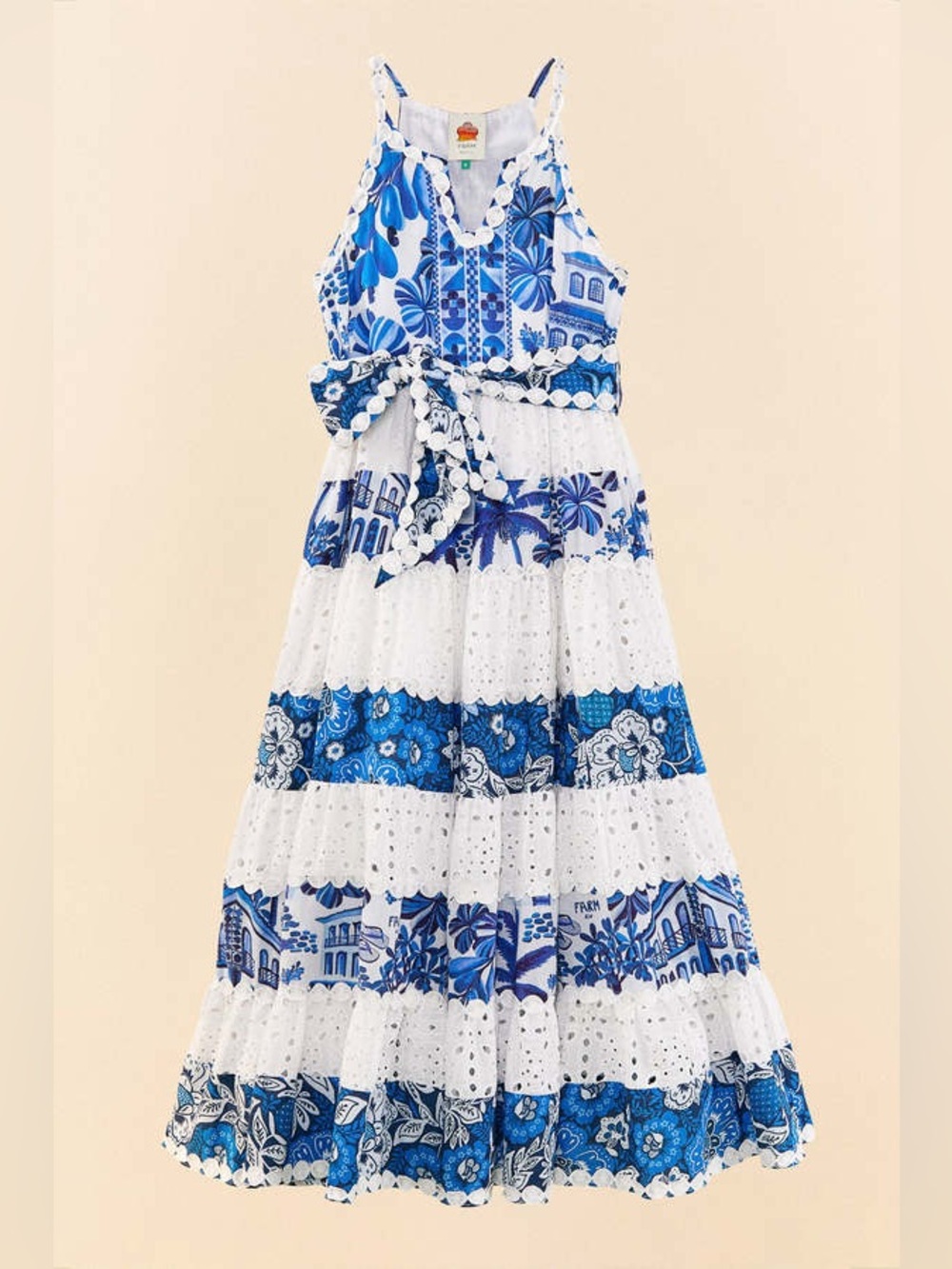 Farm Rio 100% cotton white blue tired maxi dress size xl